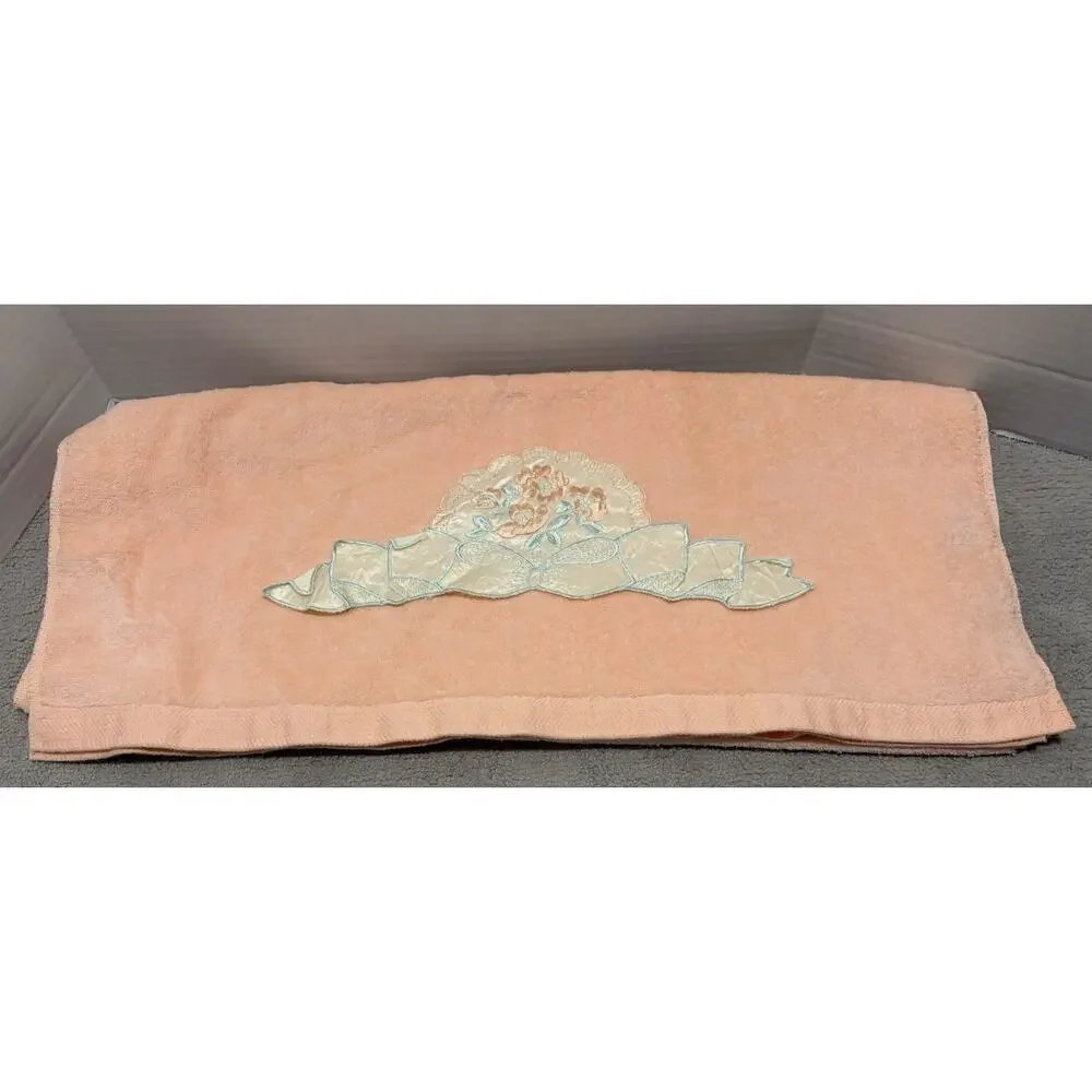 Towel Hand & Bath Set of 2 Peach Floral Embroidered Applique Saturday Knight
